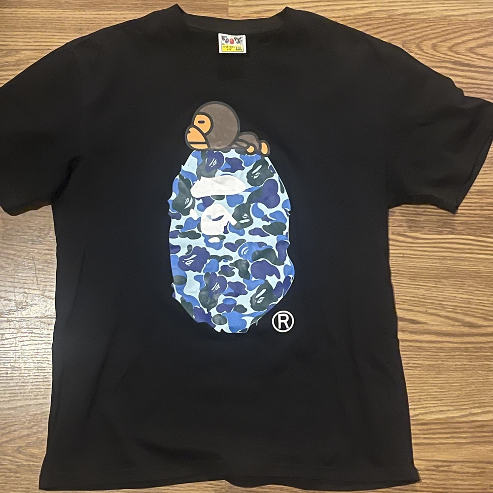 Bape Black Tee with Blue Camo Ape Design